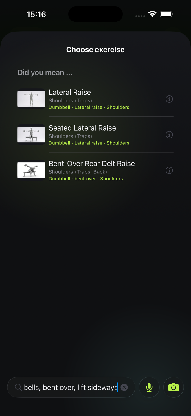 Exercise finder with spoken description and matching exercises