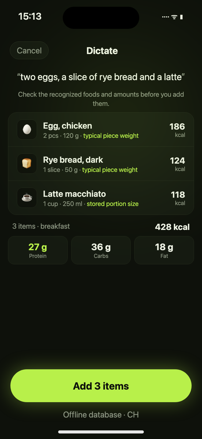 Food dictation with resolved portions and calories