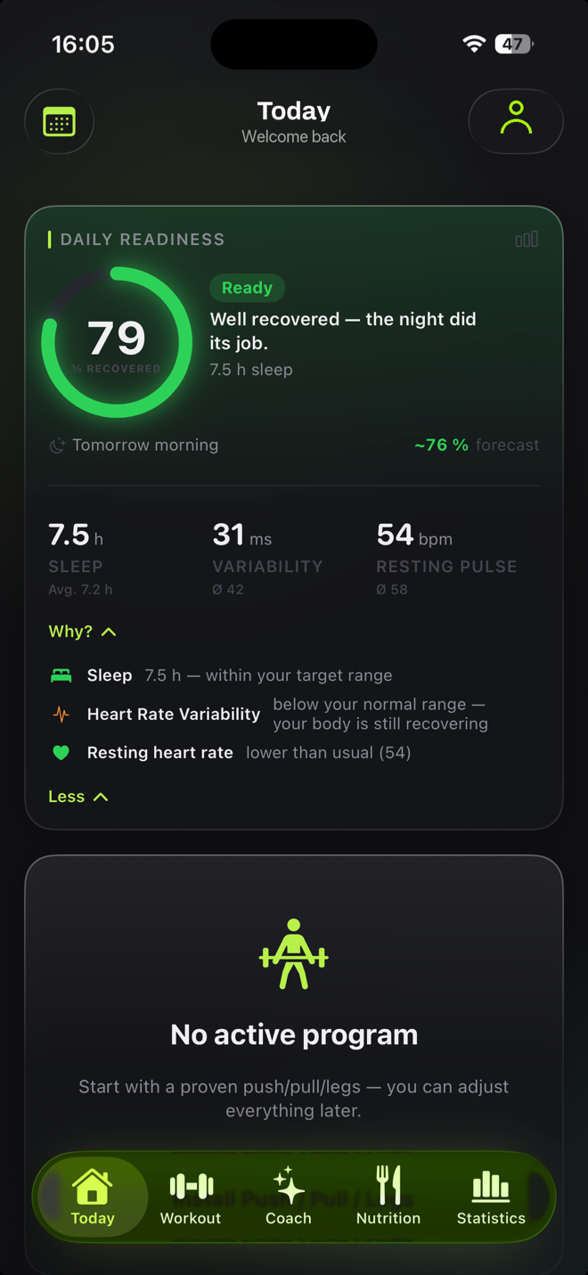 GudRep Today screen: morning readiness ring, today’s session, nutrition and a coach card